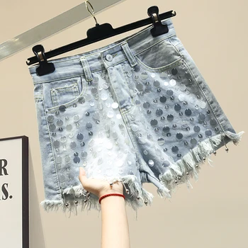 

Light Blue Denim Shorts for Women Hand Studded Sequin Tassels Slim Fit High Waist Jean Shorts Summer New Ripped Jeans Hot Pants