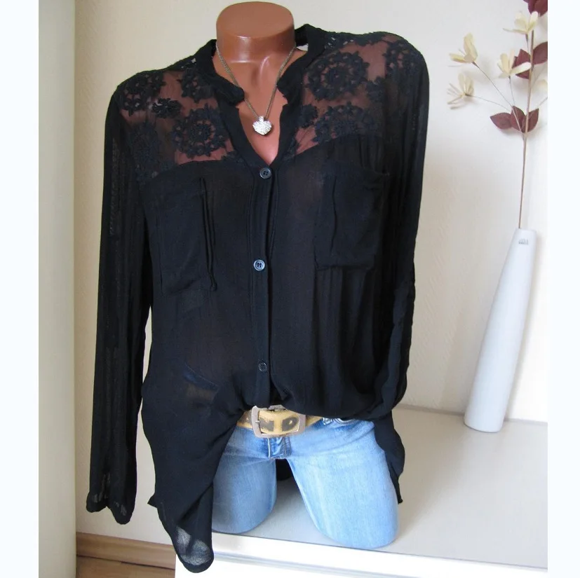 Blusas Mujer De Moda 2019 Blouse Women Plus Size 5XL Lace Patchwork Sexy White Black Long Sleeve Shirt Top Women Blouses Summer5