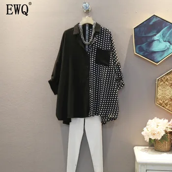 

[EWQ] 2020 Spring Summer New Arrivals Lapel Lapel Short Sleeve Dot Print Patchwork Casual Shirt Women fashion tide 3AJ16901a
