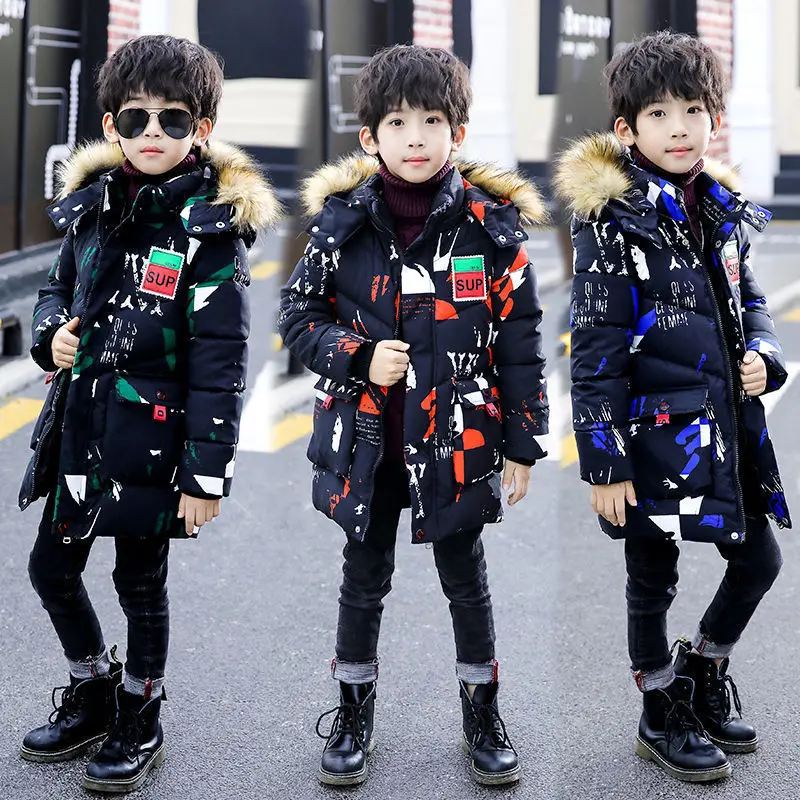 

2019 Children's Down Jacket Long Camouflage Thick Boy Winter Coat Duck Down Kids Winter Jackets for Boy Outerwear Fur Collar