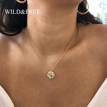 

Wild&Free Simple Design Round Blue Stone Pendant Necklace For Women Girl Bohemian Uneven Alloy Disc Chokers Sweater Necklace
