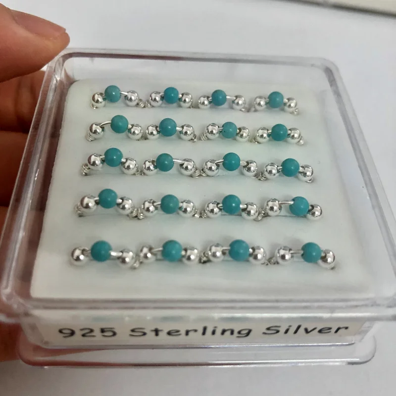 

20pcs/set 925 sterling silver Natural turquoise Nose Rings & Studs hoop piercing body jewerly for women Nostril Helix Wholesale