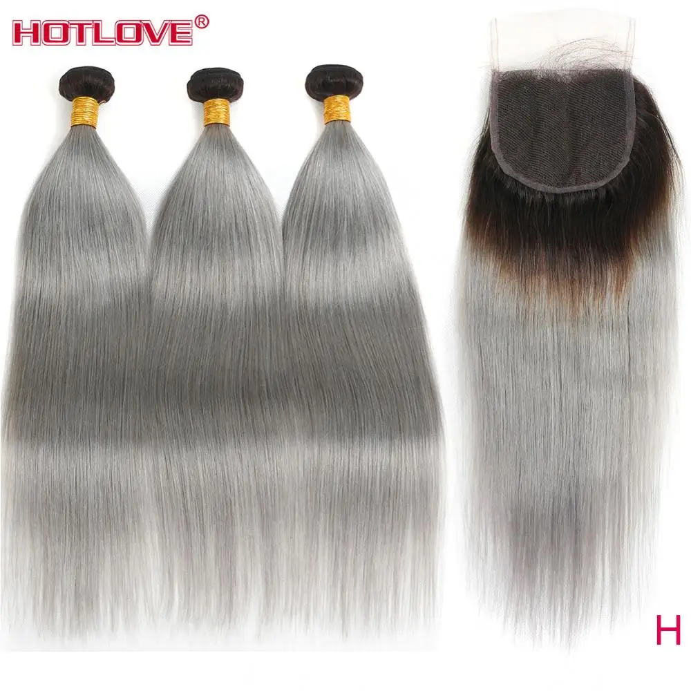

1B/Grey Brazilian Straight Hair Bundles With Closure 4 Pcs Ombre 3 Bundles With Closure Remy Human Hair Extensions With Closure