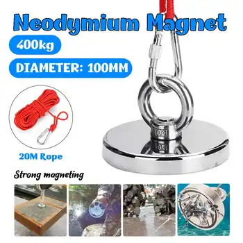

400KG D100mm Double-sided Powerful Round Neodymium Magnet Hook Salvage Magnet Sea Fishing Equipments Holder with Ring 20M Rope