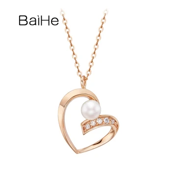 شراءBAIHE الصلبة 18K الأبيض/الأصفر/الوردي الذهب 3.5 ~ 4 مللي متر المياه العذبة اللؤلؤ 0.03ct الماس العصرية غرامة مجوهرات القلب قلادة المرأة الزفاف