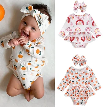 

2020 New Baby Bodysuit Newborn Baby Girl Clothes Cute Rianbow Print Long Sleeve Body Dress Jumpsuit+Headband Summer Autumn 2PCS