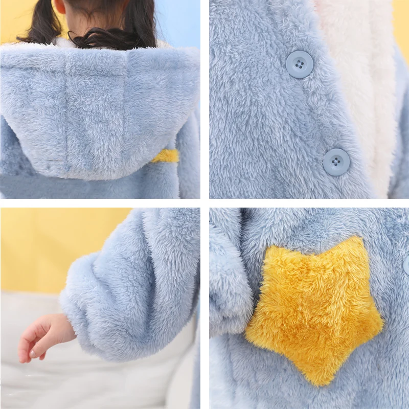 Kids Flannel Bathrobe Shower Girl Coral Fleece Pajamas Sleepwear Baby Boy Winter Hooded Towel Robes Teens Pyjamas Warm Nightgown