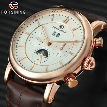 

FORSINING Men Auto Mechanical Watch Genuine Leather Strap Calendar Moon Phase 24Hr Multi-function Working Sub dial WINNER WATCH