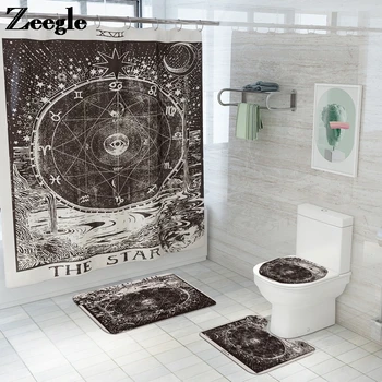 

The Star and Moon Shower Curtain with Bath Mat Set Anti Slip Bathroom Carpet Waterproof Bath Curtain Microfiber Toilet Foot Mat