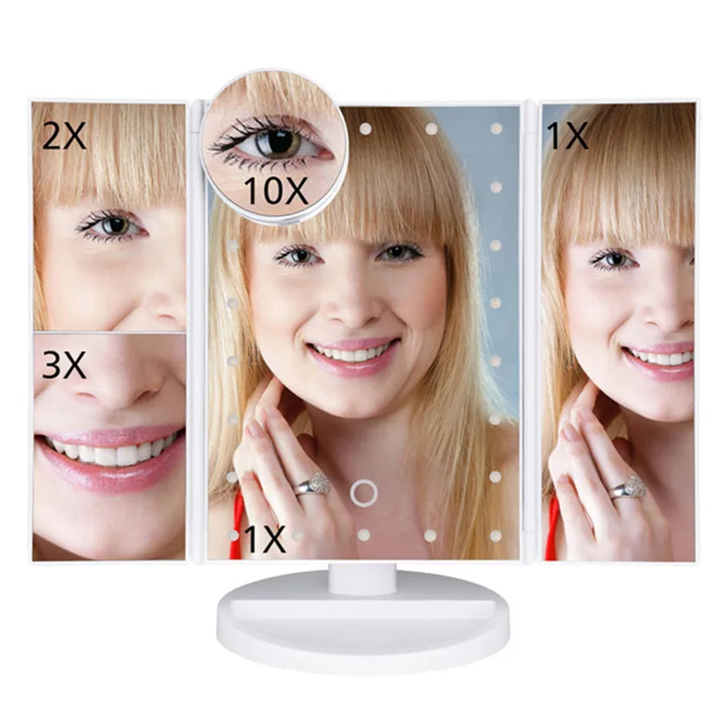white enlargement Светодиодный сенсорный экран косметическое зеркало дамское домашнее настольное трехстороннее складное зеркало с ночным светильник косметическое зеркало высокого разрешения - Цвет: white enlargement
