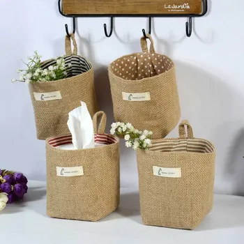 

Linen Woven Storage Basket Polka Dot Small Storage Sack Cloth Hanging Non Woven Storage Basket Buckets Bags Kids Toy Box