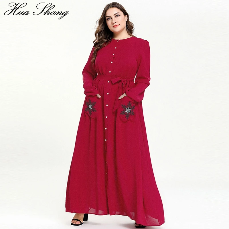 

Red Muslim Dresses Large Size Women Summer Long Sleeve Embroidery Floral Beach Dress Buttons Loose Oversized Maxi Long Dress