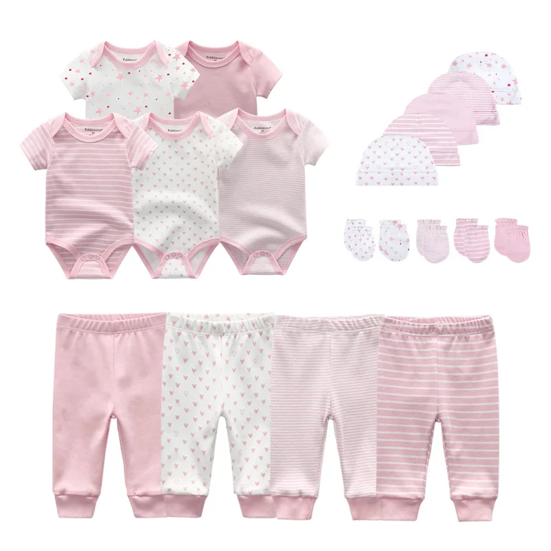 2023 Cotton Solid Newborn Baby Sets Unisex Bodysuits+Pants+Hats+Gloves Baby Girl Boy Clothes Short Sleeve Roupas de bebe