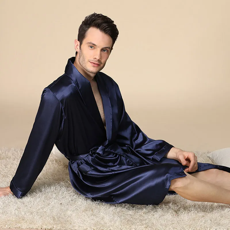 Aolamegs Men Pajamas Solid Color Silk Night Gown Thin Soft Long Sleeve Open Sleepwear Luxury Fashion Style Men Homewear Summer Aolamegs Men Pajamas Solid Color Silk Night Gown Thin Soft Long Sleeve Open Sleepwear Luxury Fashion Style Men Homewear Summer