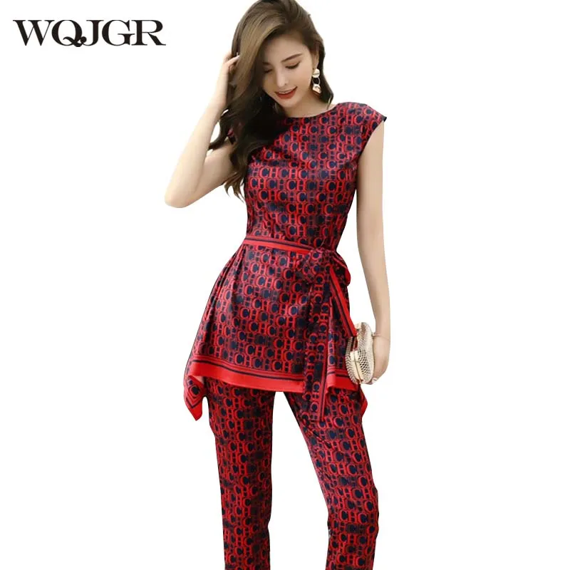 

WQJGR 2 Piece Set Women Letter Print Sleeveless Irregular Top High Waist Straight Trousers Suit O-Neck Pullover Pants Set