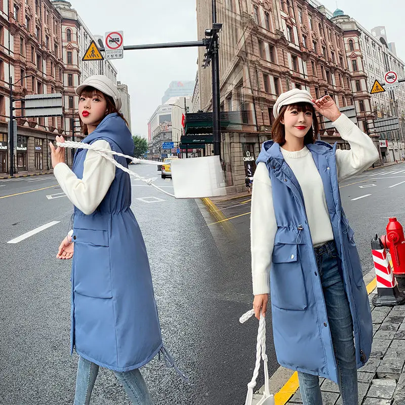 2019 Autumn and Winter Cotton Vest Women's Coat Long Hooded Waistcoat Slim Sleeveless Large Size Vest Jacket With Pockets f1589