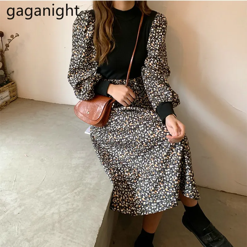 Gaganight Vintage Women Floral Maxi Dress Long Sleeve Patchwork 2021 Spring New Vestidos Knit Bodycon Dresses Dropshipping | Женская