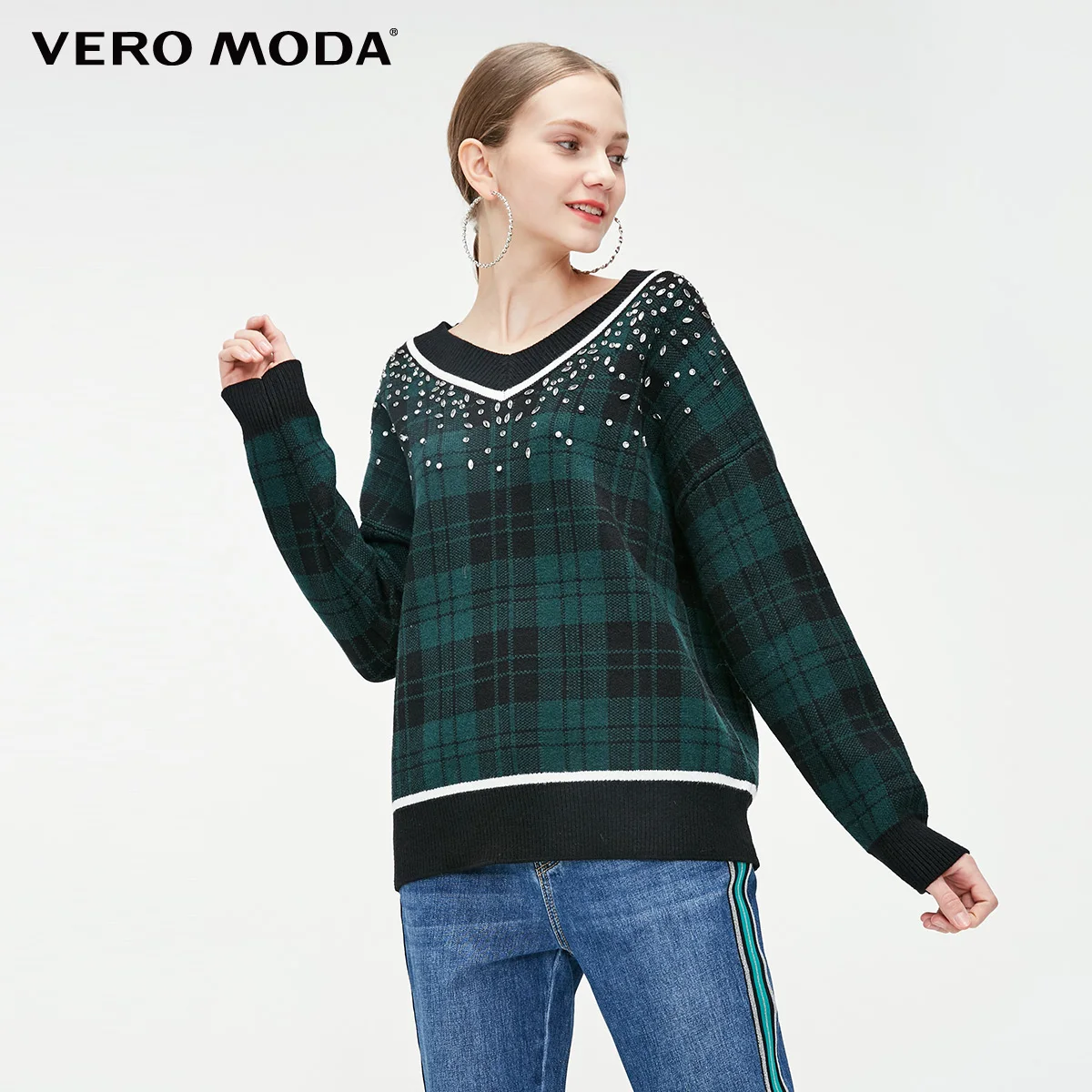 Vero Moda женский свободный крой плед декоративные стразы свитер трикотажные топы | 319113540 - Цвет: E04 Forest night