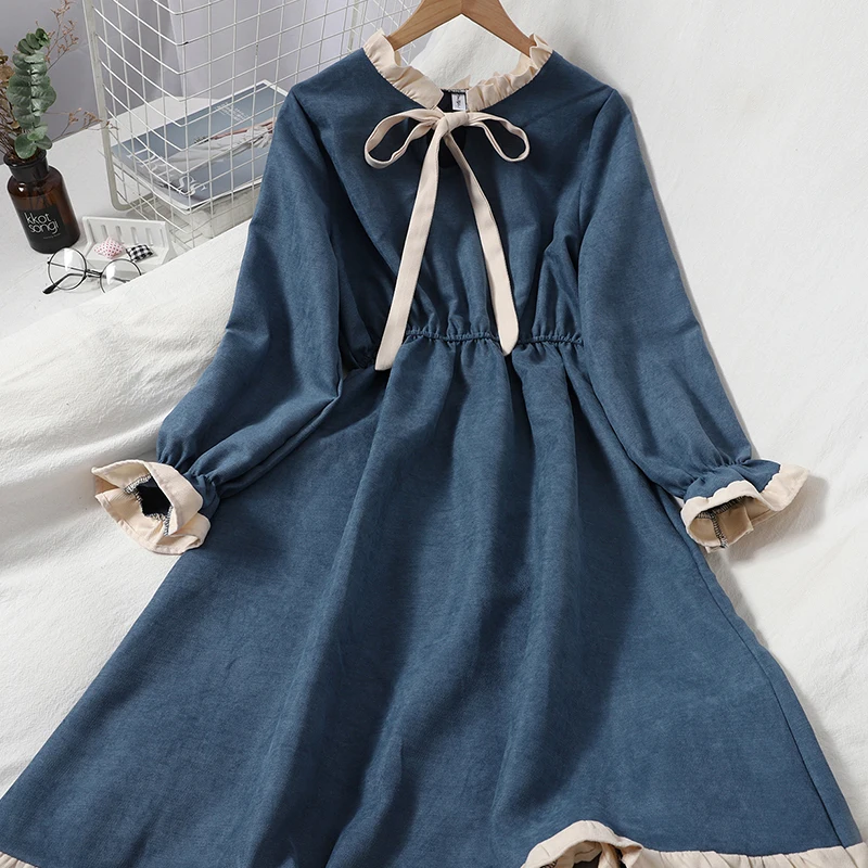 

QWEEK Sweet Kwaii Dress for Girls Preppy Style Autumn Long Sleeve Ruffles Pathcwork Slim Midi Dress Women Korean Fashion Clothes