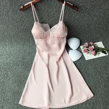 

Sling Nightdress Female Summer Silk Lace Design Temptation Sexy Dress for Women with Chest Pad Soft Breathable Night Wear Sexy