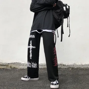 QWEEK Punk Hippie spodnie szerokie nogawki damskie gotyckie Harajuku Streetwear Anime Street Style Mall Goth czarne spodnie z nadrukiem Hip Hop tanie i dobre opinie Szerokie spodnie COTTON POLIESTER LOOSE Pełna długość PATTERN CN (pochodzenie) Na wiosnę jesień HIGH CKL0132 litera