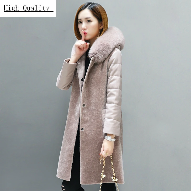 

Women Clothes 2020 Natural Wool Overcoat Sheep Shearing Coats Female Sheepskin Leather Sleeve Parka Real Fox Fur LWL1389