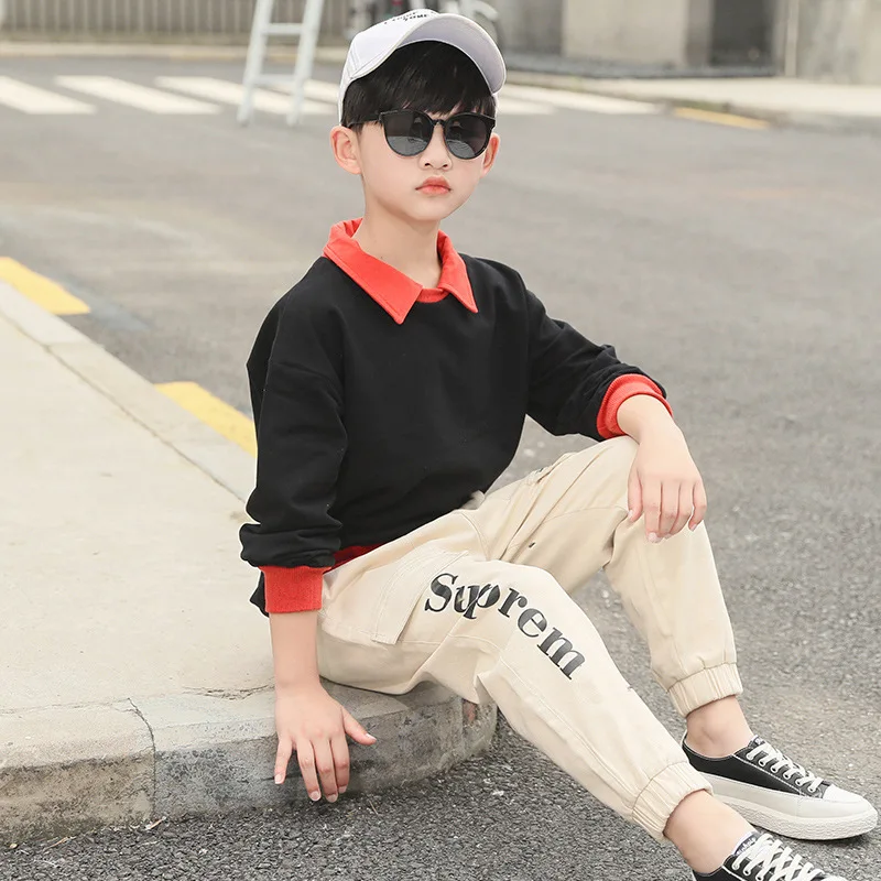 

Childrenswear 2019 Autumn New Style BOY'S Casual Contrast Color Fold-down Collar Hoodie + Bib Overall Two-Piece Set Big Boy Set