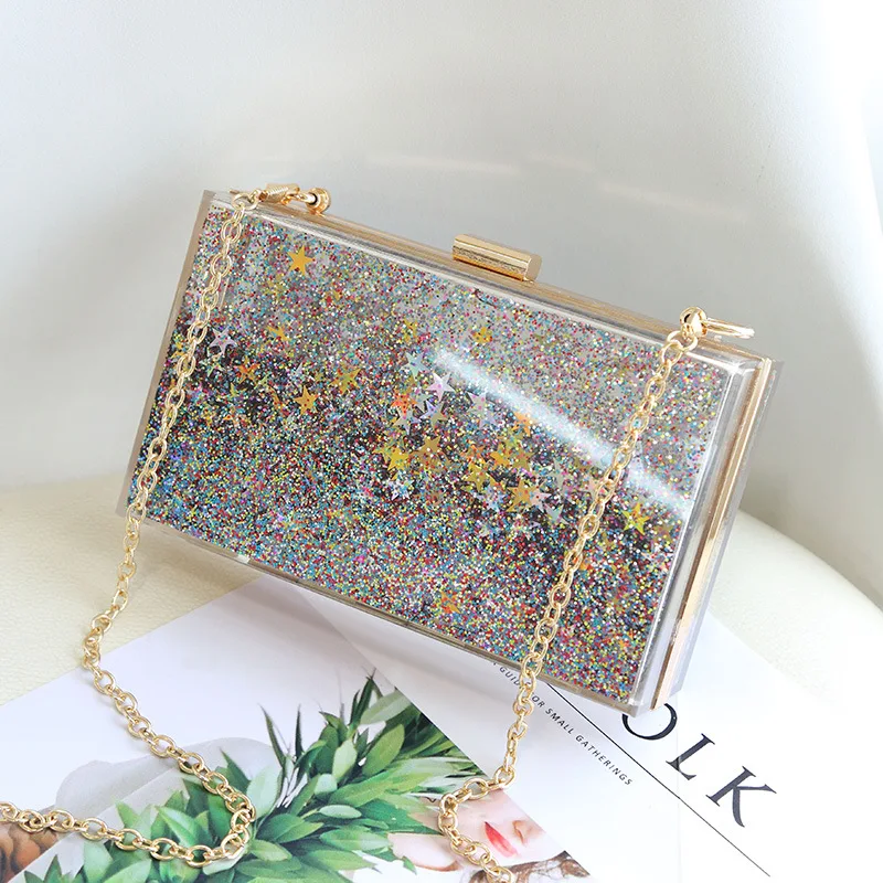 

2019 New Style Occident Fashion Shimmering Powder Quicksand Package Transparent Box Bag Simple Shoulder Bag with Chain WOMEN'S B