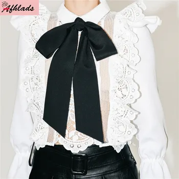 

2020 Spring And Summer New Small Fragrant Wind Ruffled Lace Patchwork Flare Long Sleeve Bow Shirt Fashion Solid Color Shirt