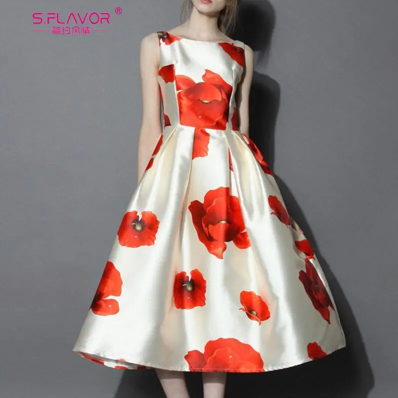 S. FLAVOR, без рукавов, с цветочным принтом, Vestidos De, женское, винтажное, тонкое, с круглым вырезом, элегантное, вечерние, Vestidos, высокое качество - Цвет: beige