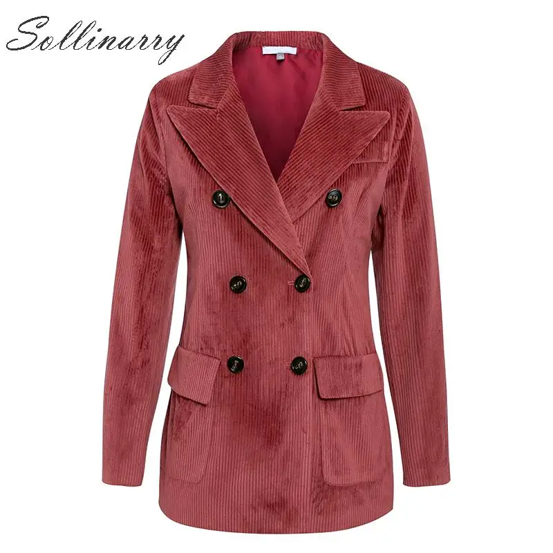 Sollinarry, двубортные модные пальто, куртки для женщин, осень, зима, красные вельветовые куртки, элегантные, женские, OL, тонкая верхняя одежда, Ретро стиль