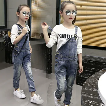 

2020 Autumn Children's Clothing Ripped Jeans Baby Girl Leisure Denim Overalls 4 6 8 10 12 14 16 Years