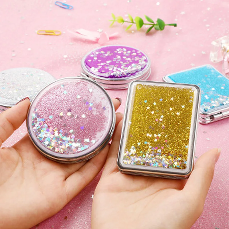 

Fashion 2-Face Mini Pocket Makeup Mirror Creative Cosmetic Compact Mirrors with Flowing Sparkling Sand Can Wholesale Lettering