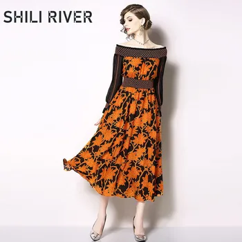 

New spring autumn chiffon midi dress for women a line long sleeve slim casual cute elegant floral embroidery pleated dress brown