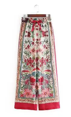 as pic P072 Женские винтажные красные штаны с цветочным принтом и высокой талией, широкие штаны с бантом, длинные штаны с эластичной резинкой на талии P072 - Цвет: as pic P072