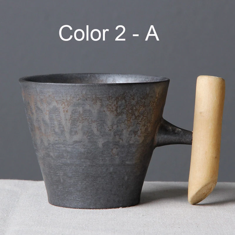 Винтажная кофейная кружка из сырой керамики с глазурью ржавчины, деревянная рукоятка, чай, молоко пиво, чашка для воды, домашняя офисная кружка 300 мл - Цвет: Color 2 - A