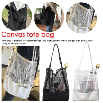 

Multi-function Canvas Mesh Shopping Bag Handbag Reusable Travel Lady's Storage Beach Bag Tote Accessories Supplies Item
