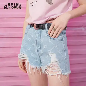 

ELFSACK Blue Moon Print Ripped Hole Denim Shorts Women 2020 Summer ELF New High Waist Washed Korean Ladies Daily Basic Bottoms