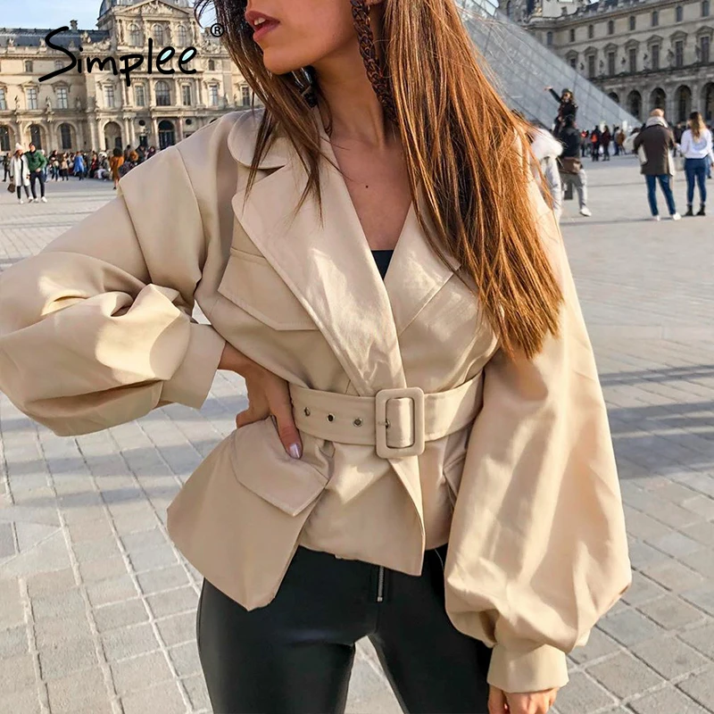 Simplee Lantern sleeve short jackets coats women Notched v neck autumn thin jacket female High waist belt pocket overcoat 2020