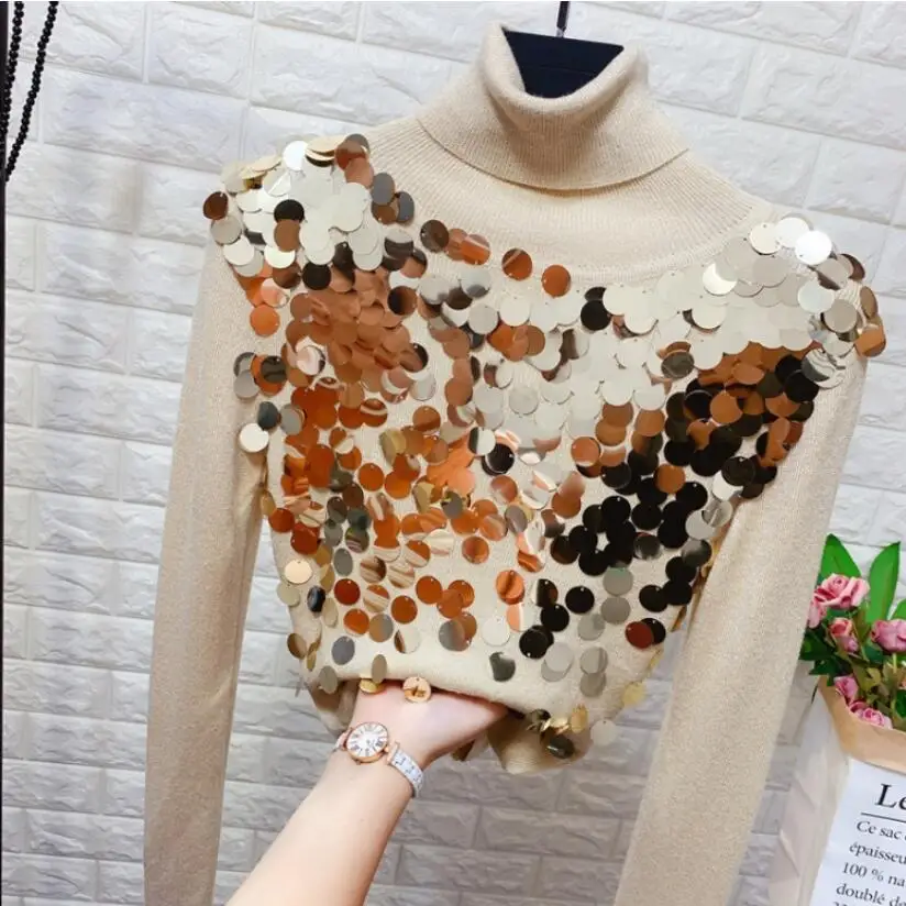 Водолазка SequinSweater Женская Осенняя зимняя одежда стрейч тонкий блесток пуловер свитер женский Высокий воротник вязаный Pull Femme