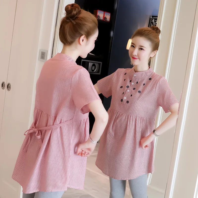 

Maternity Clothes 2020 Summer Wear Pregnant Women Short-sleeved Top Pregnant Women's Cotton Short Mid-length Embroidery Dress