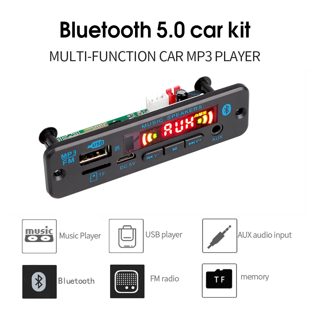 Wireless Bluetooth 5.0 Audio Decoder Board USB TF FM Radio Module DC 5V 12V Car MP3 Player Support MP3/WMA /WAV/FLAC/APE