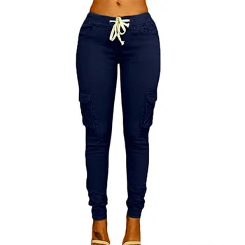 

2019 Autumn Drawstring Pencil Pants Women Mid Waist Trousers Fashion Skinny Large Pockets Pants Casual Trousers