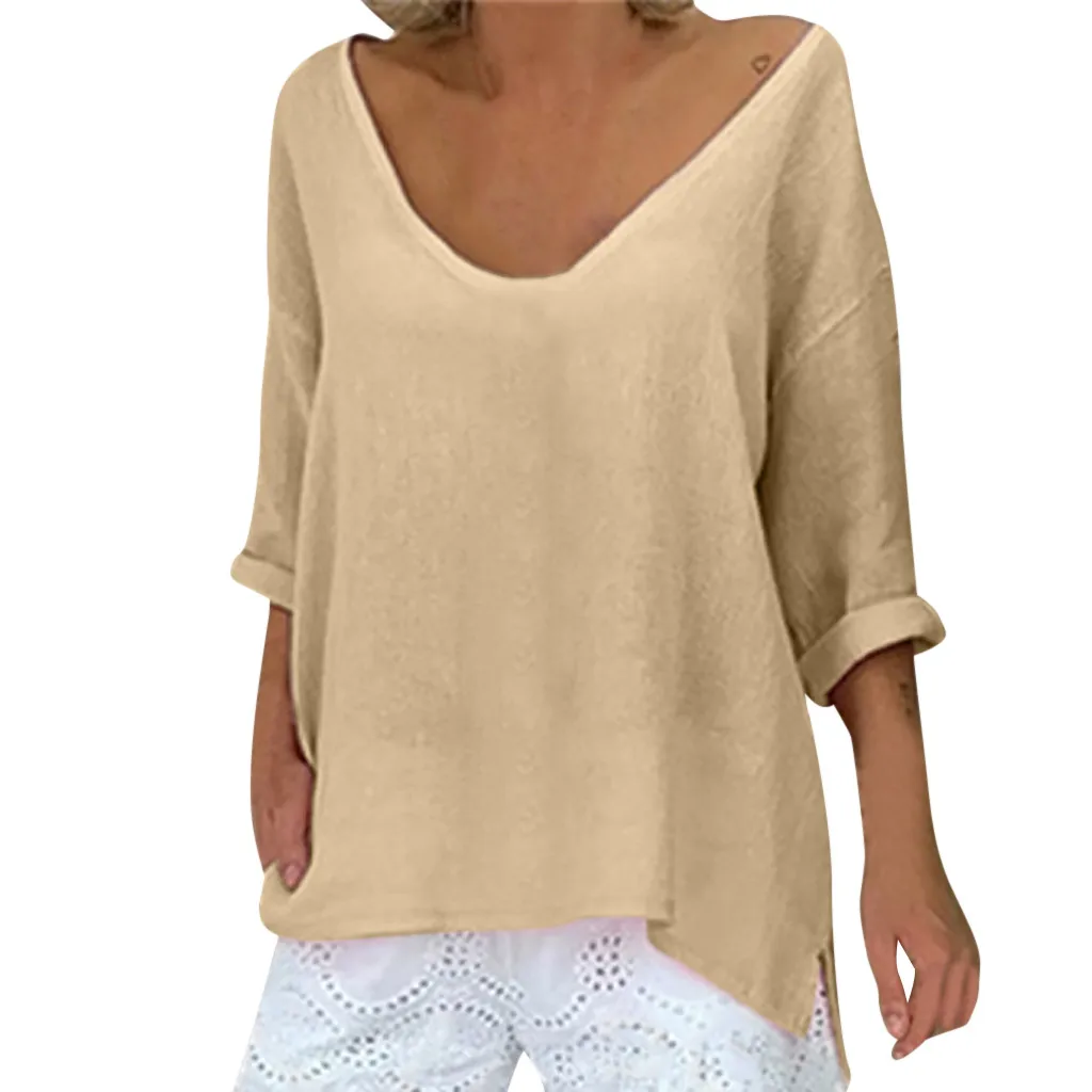 

Plus Size Women Casual Solid Blouse Oversized Loose V-Neck Tee Shirt Three Quarter Sleeve Joker Tops Tallas Grandes Mujer#Y3