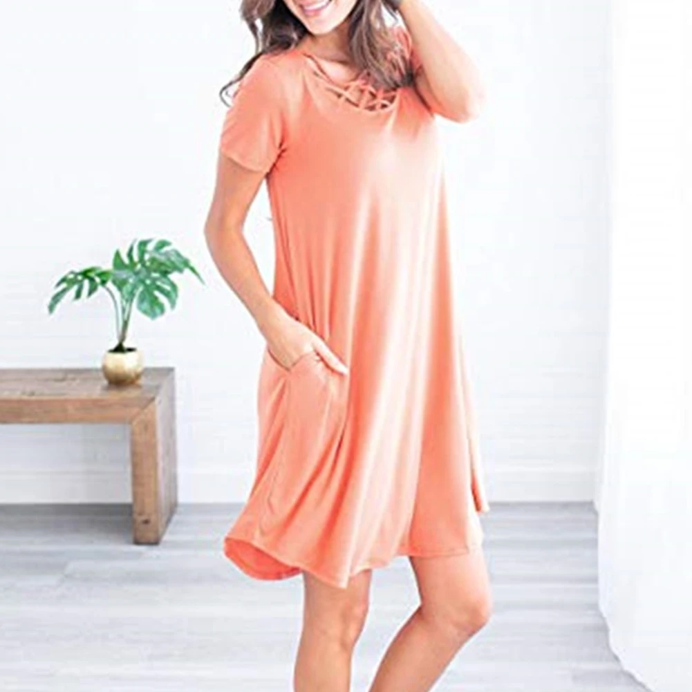 light orange Женское платье, пуловер с вырезом лодочкой, летняя однотонная женская одежда с коротким рукавом, подарки, свободная Базовая мягкая повседневная одежда с перекрестными лямками и большим подолом - Цвет: light orange