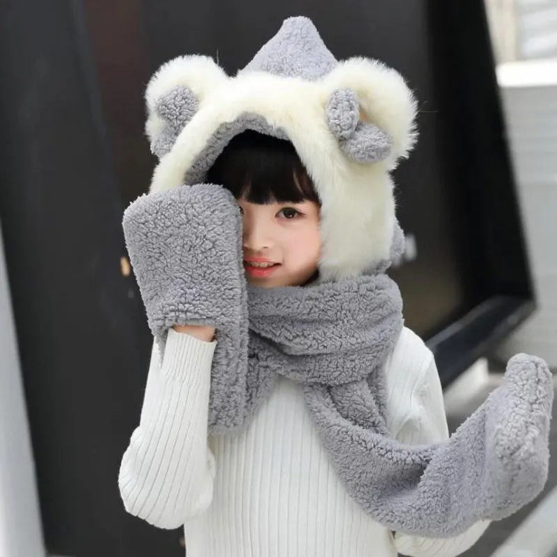 Gray kids Многофункциональная шапка, шарф, перчатки, набор женских детских наушников, костюм, аксессуар, двойной плюш, теплый и удобный, рождественский подарок - Цвет: Gray kids