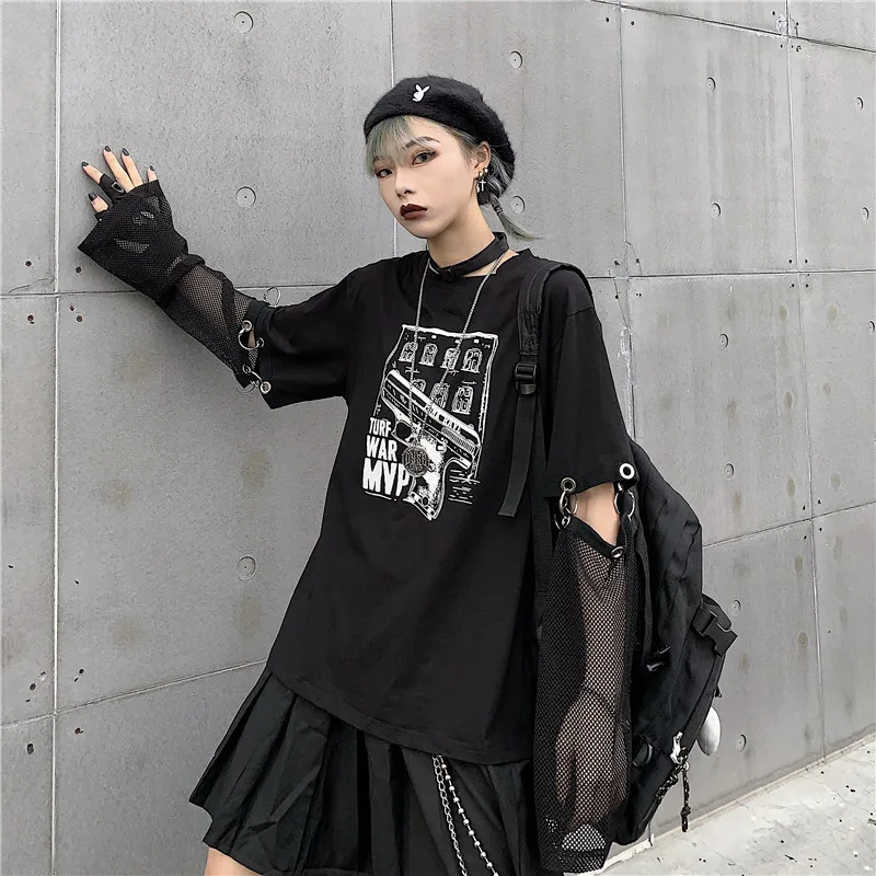 

Focal20 Streetwear Gun Print Women T Shirts Top Tee Ring Mesh Patchwork Women T Shirt Fake 2 Pieces Women T-shirts Top Tees