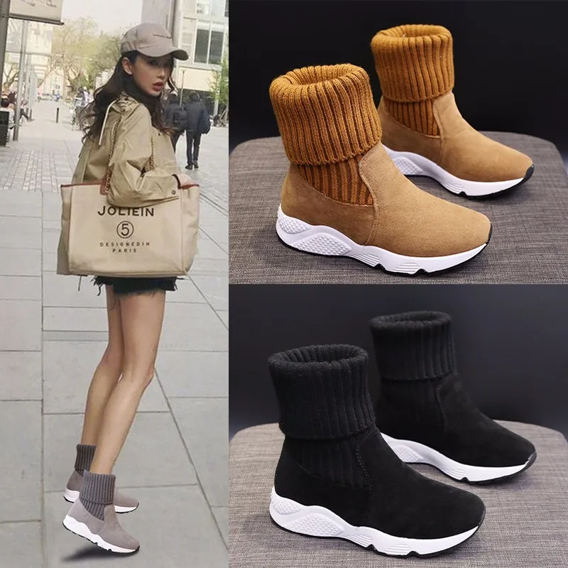 Women's Fashion Casual Shoes Plus Velvet ladies Boots High Knitted Snow Boots Thick-soled Comfortable Cotton Shoes Wild increase