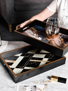 

Nordic modern marble pattern wooden rectangular tray desktop coffee table teacup snack storage tray decoration LB72809