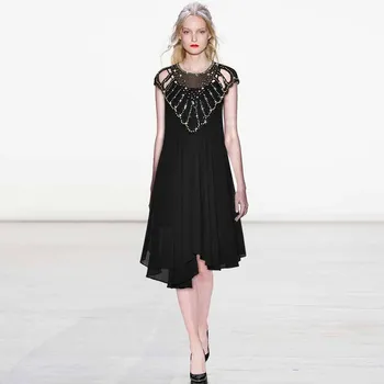 

Gedivoen Fashion Designer Summer Dress Women Short Sleeve Hollow Out Beading Sequined Asymmetrical Dress Knee-Length Dresses